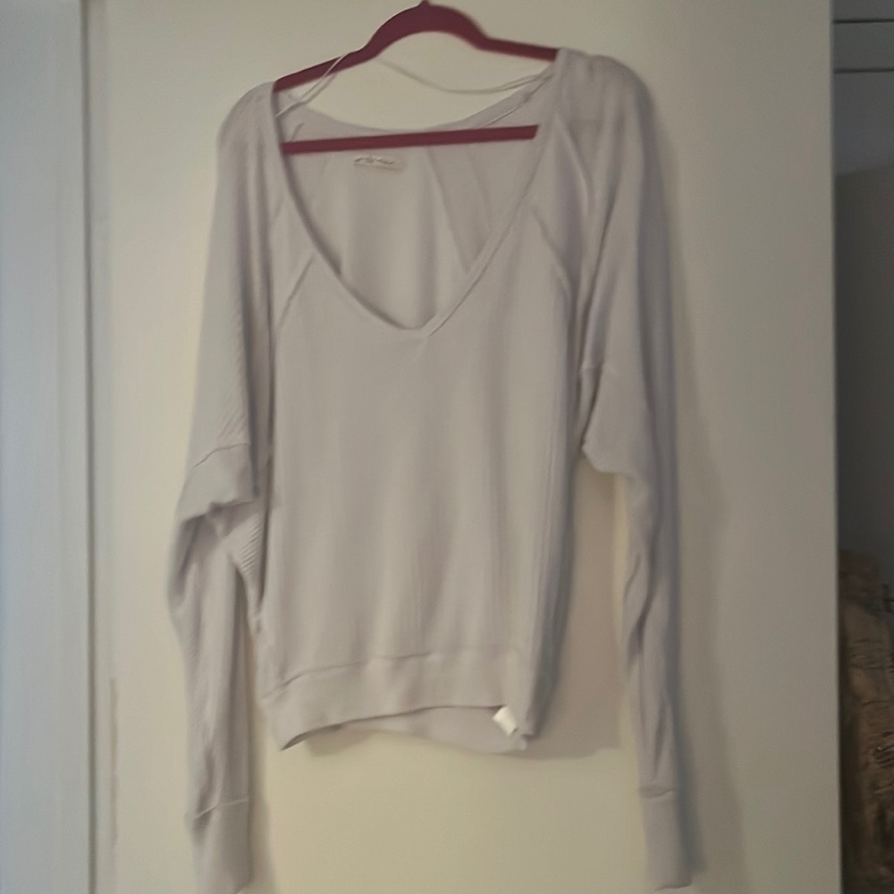 Free People White V Neck Waffle Knit Shirt